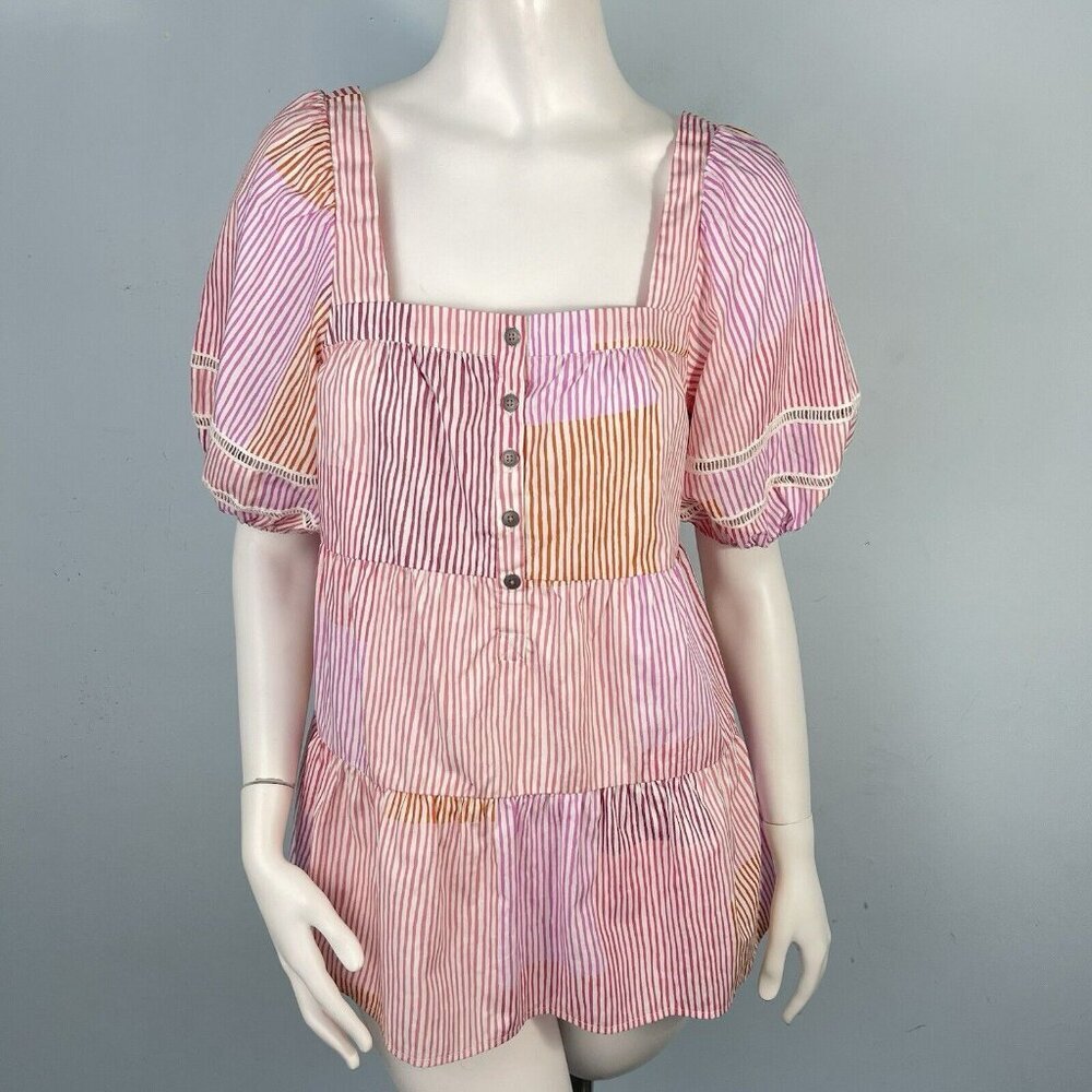 Anthropologie Maeve Gable Tiered Tunic Square Neck Puff Sleeves Top Pink -Small